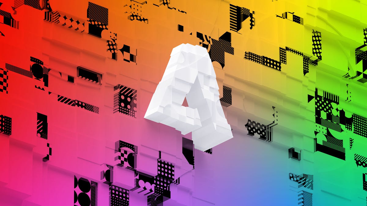 An 3D illustration of Adobe&apos;s logo with a rainbow spectrum of colors