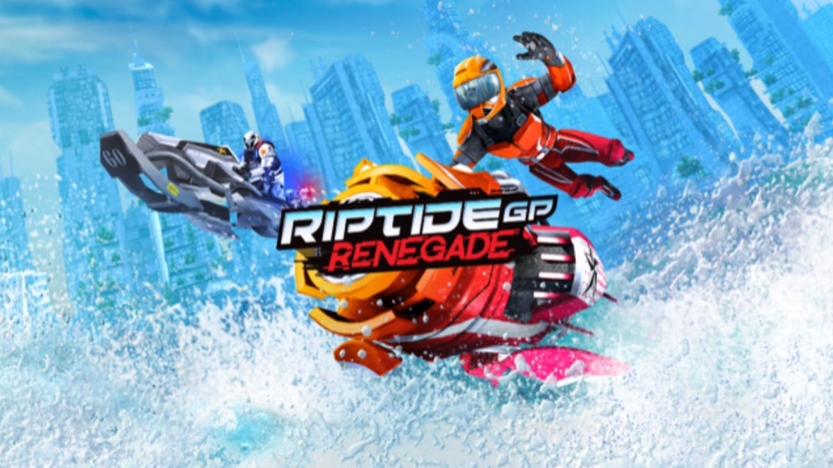 Riptide GP: Renegade+ title card showing a racer holding onto their jet ski with one hand