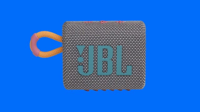A gray, orange and blue JBL Go 3 speaker against a blue background.