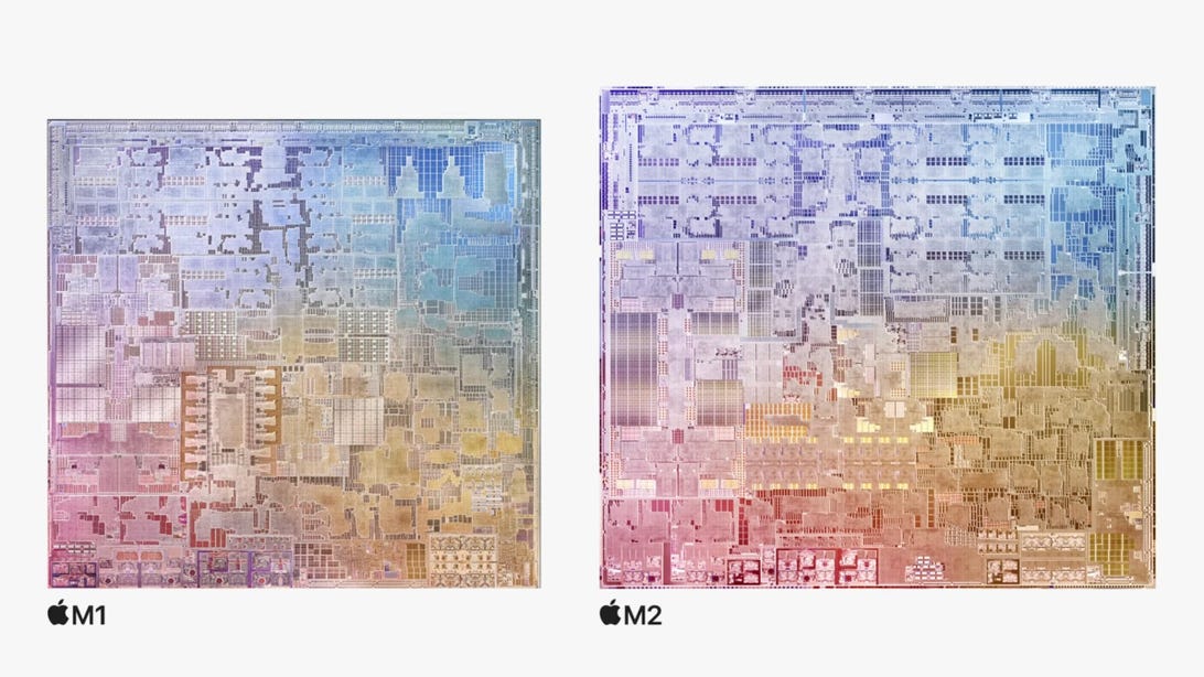 The comparison shows that Apple's new M2 processor is larger than the M1.