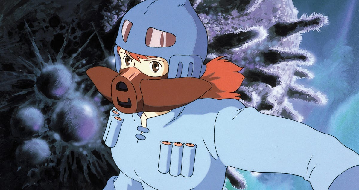 A character in Nausicaa of the Valley of the Wind wearing a mask and a helmet