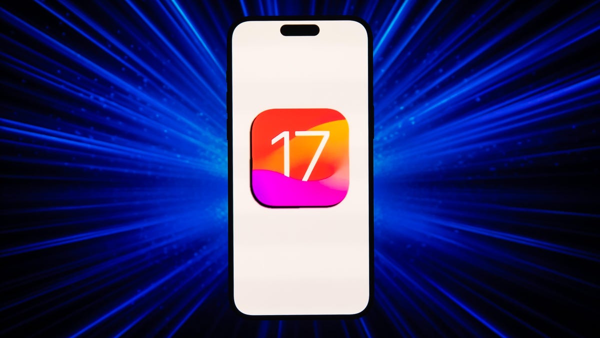 iOS 17 logo on an iPhone with a blue and black background