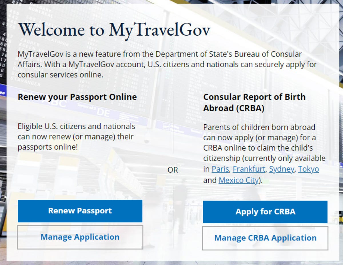 MyTravelGov screenshot showing online passport renewal link