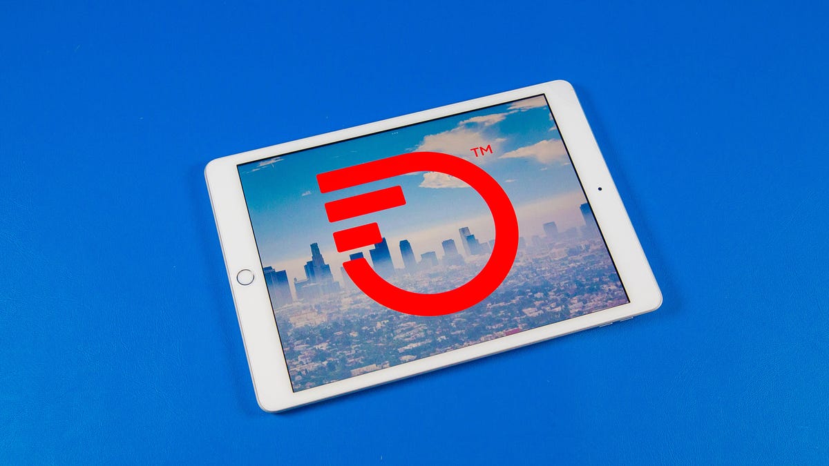 Frontier logo on a tablet on a blue background.