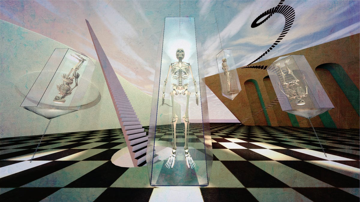 Human skeletons in a surreal setting with staircases and a tile floor
