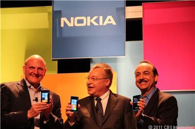 from left: Microsoft's Steve Ballmer, Nokia's Stephen Elop, and AT&T's Ralph de la Vega