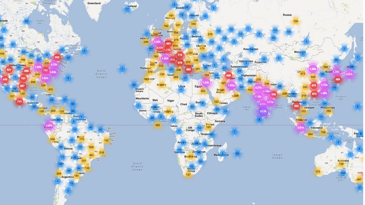 All the allegedly compromised IEEE members plotted on a world map based on geolocation of their IP address.