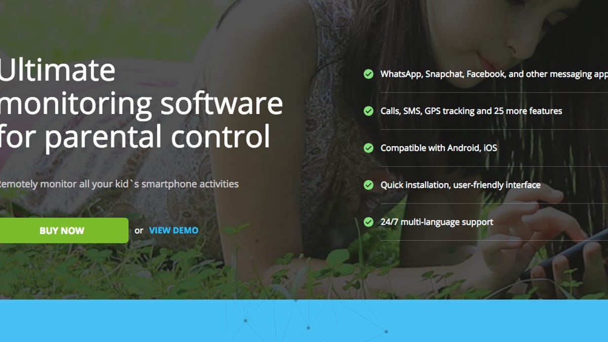 MSpy&apos;s website, which has a photo of a girl lying on some grass and looking at her mobile phone in the background. Superimposed is the text, "Ultimate monitoring software for parental control," as well as a button that says "BUY NOW."