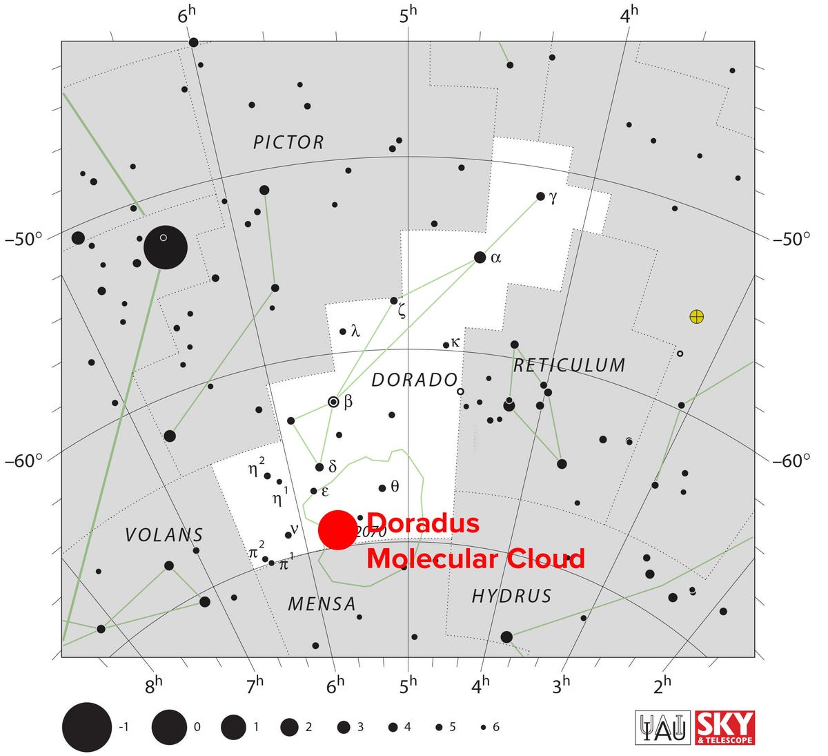 A map of where 30 Doradus is located within the Dorado constellation