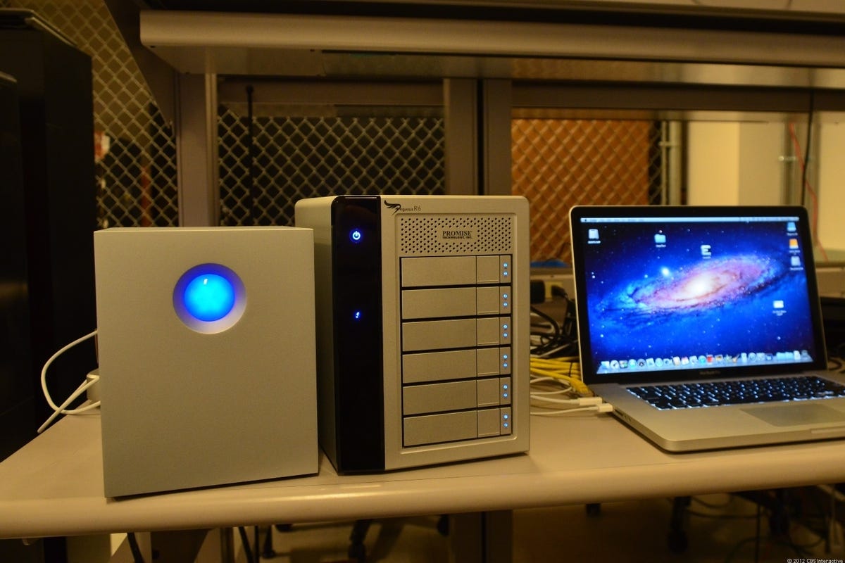 The 5big Thunderbolt (left) working with the Pegasus R6 in CNET Labs' testing.