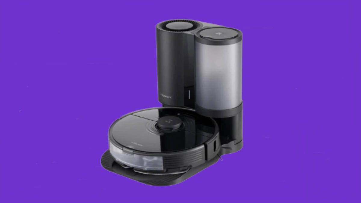 The Roborock S7 Plus robot vacuum and mop with self-emptying base is displayed against a purple background.