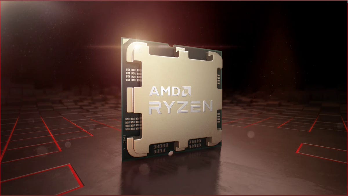 A generic rendering of an AMD Ryzen CPU on an abstract background