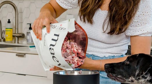 women pouring raw dog food into bowl