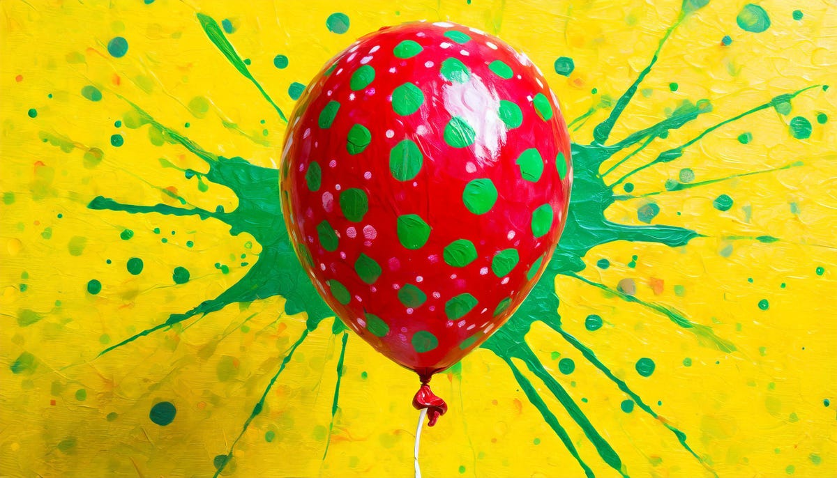 An AI-rendered image of a red balloon with green polka dots against a background with a green paint splash