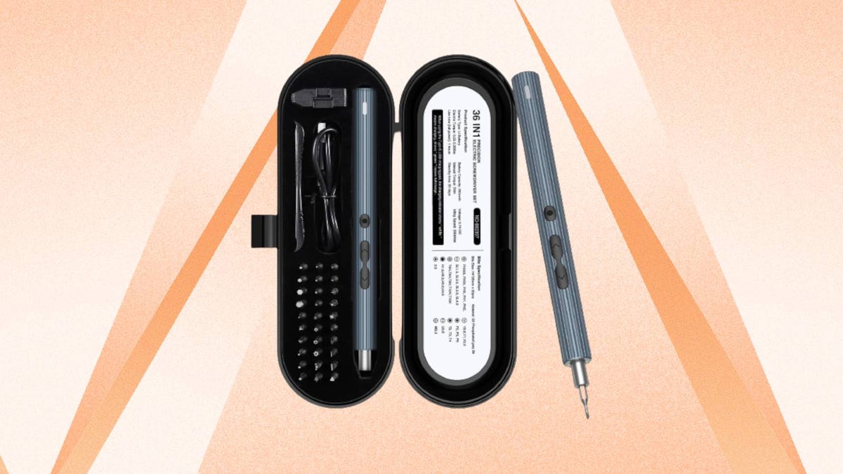 The Oria Mini Electric Screwdriver is displayed against an orange background.