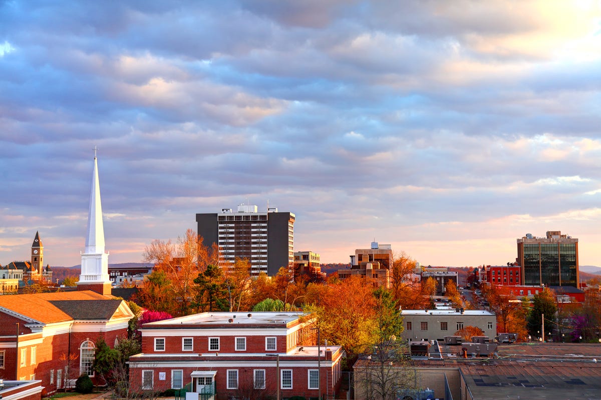 Image of downtown Fayetteville, Arkansas at sunset