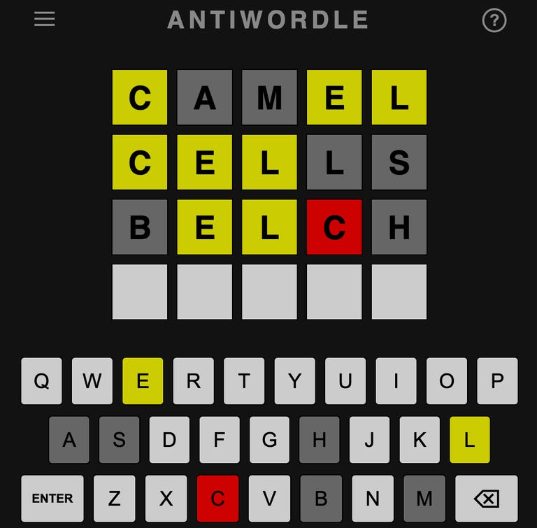The words Camel, Cells and Belch with grey, yellow and red squares over letters