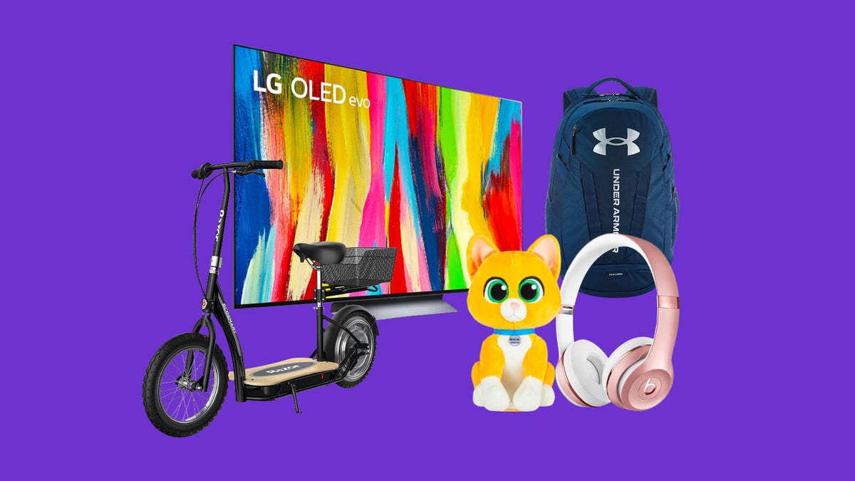 Collage of products featuring Razor scooter, LG OLED TV, Beats Solo3 and more