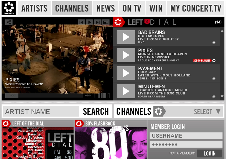 Screenshot of Concert.tv Web site.