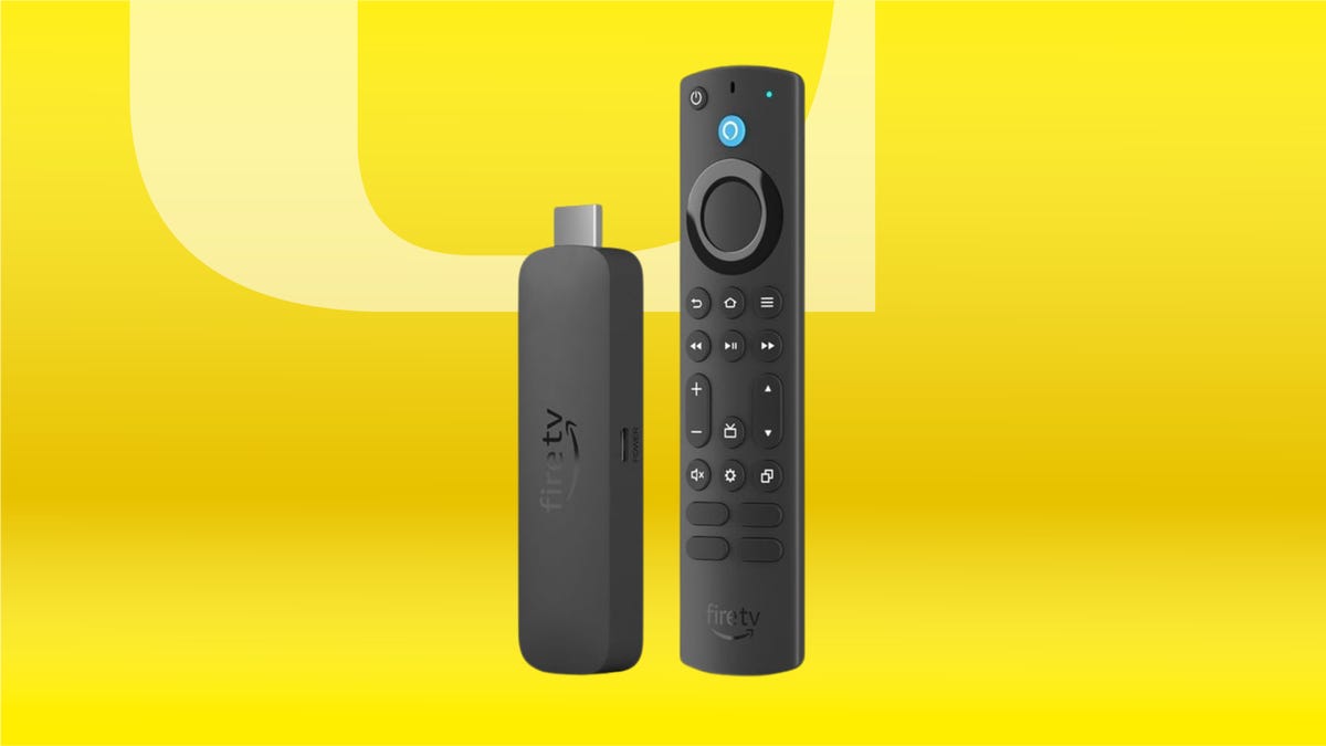 The Amazon Fire TV Stick 4K Max is displayed against a gradient yellow background.
