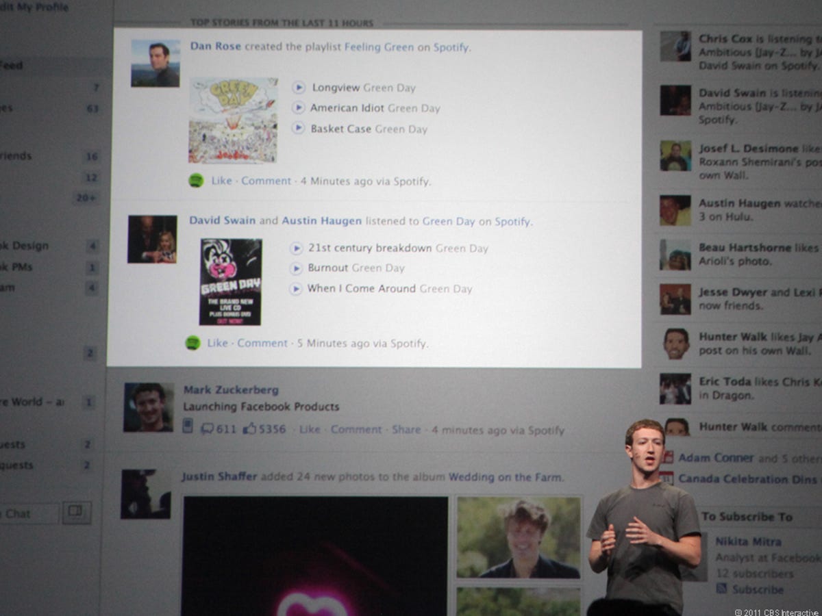 Mark Zuckerberg introduces the Facebook Ticker and its link to Spotify today at F8.