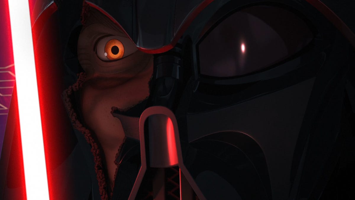 Darth Vader, his helmet cracked and revealing Anakin Skywalker's burnt face underneath, raises his red lightsaber in Star Wars Rebels