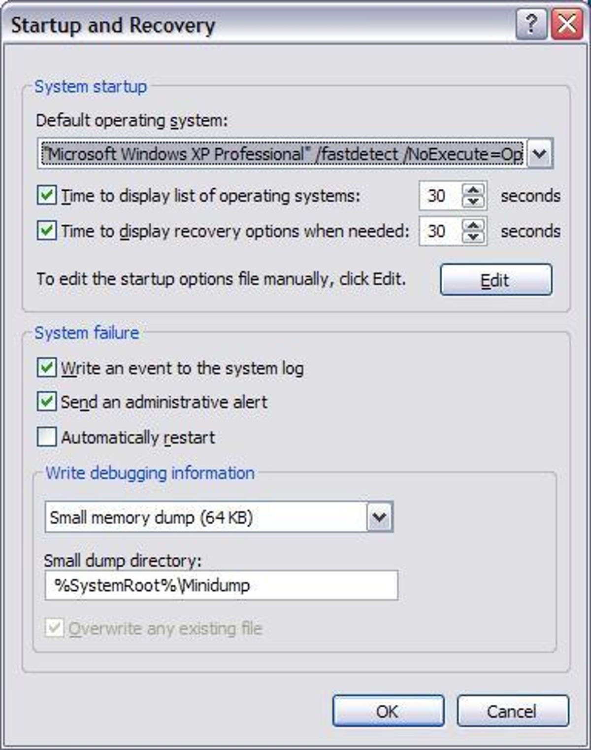 Windows XP's Startup and Recovery Options dialog box