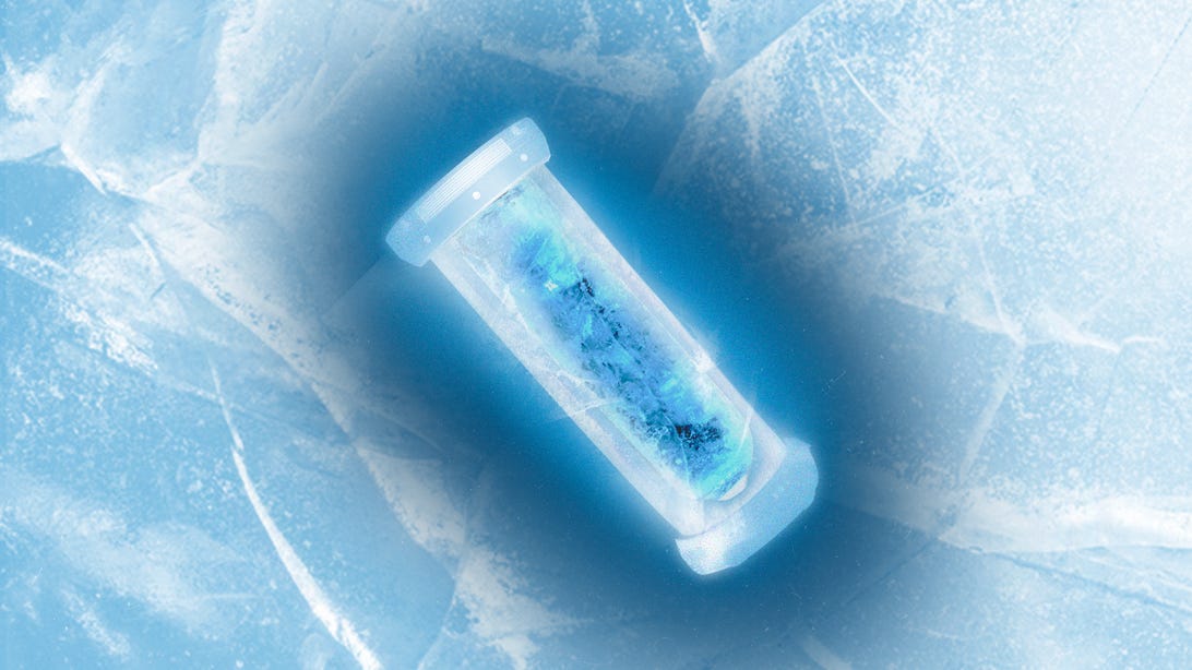 Illustration of ice in a test tube against a background of ice, all tinted blue