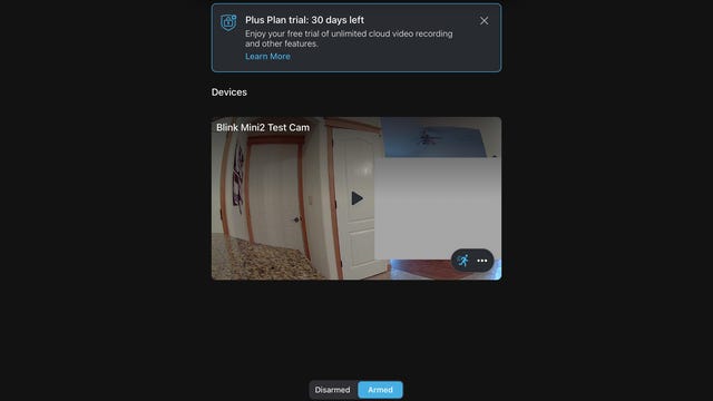 The Blink app showing a viewing option for a cam and notification about a person detected.