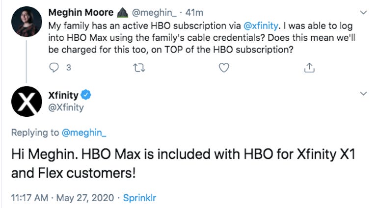 Tweet confirming HBO Max is included with HBO for Comcast's Xfinity X1 and Flex customers