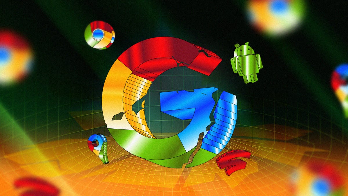 The G from Google's logo, somewhat damaged, with other Google product icons surrounding it