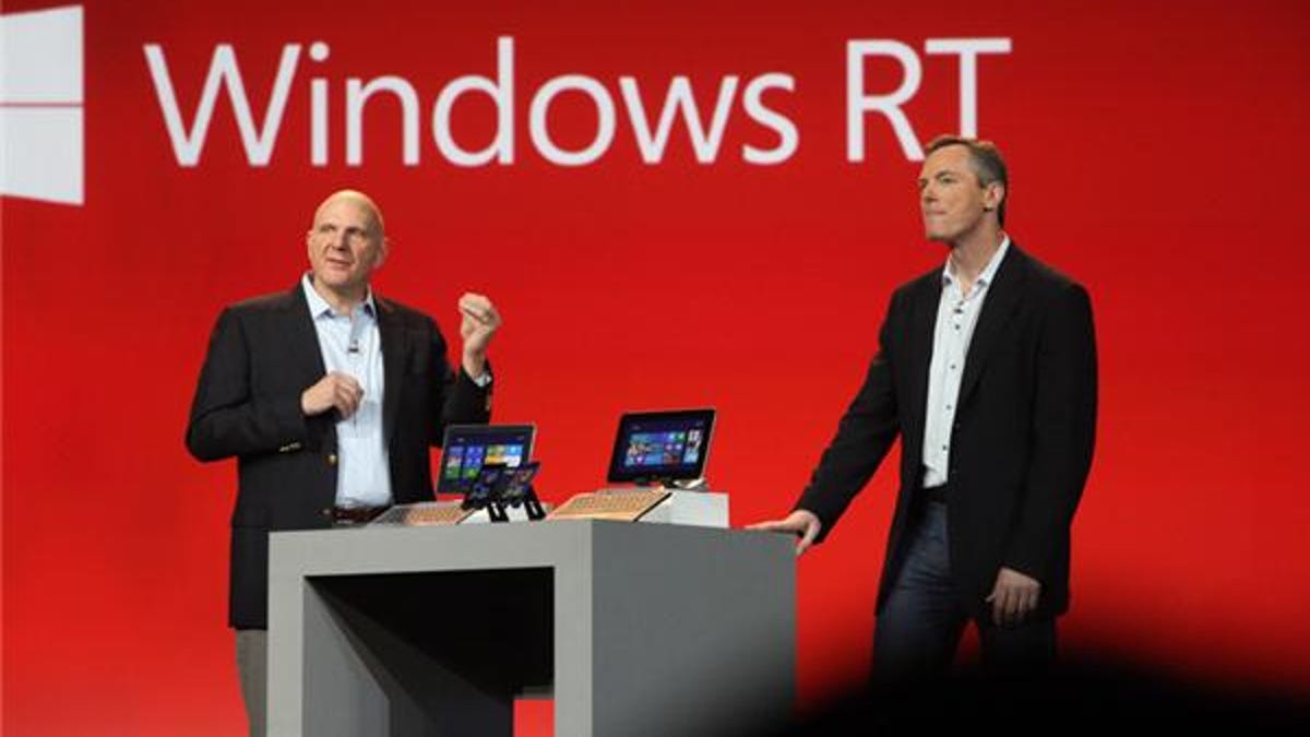 Qualcomm CEO Paul Jacobs is joined on stage at CES 2013 by Microsoft CEO Steve Ballmer.