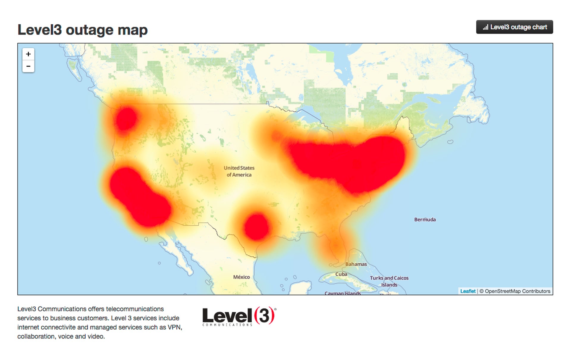 The impact of the outage as it spread to the West Coast.