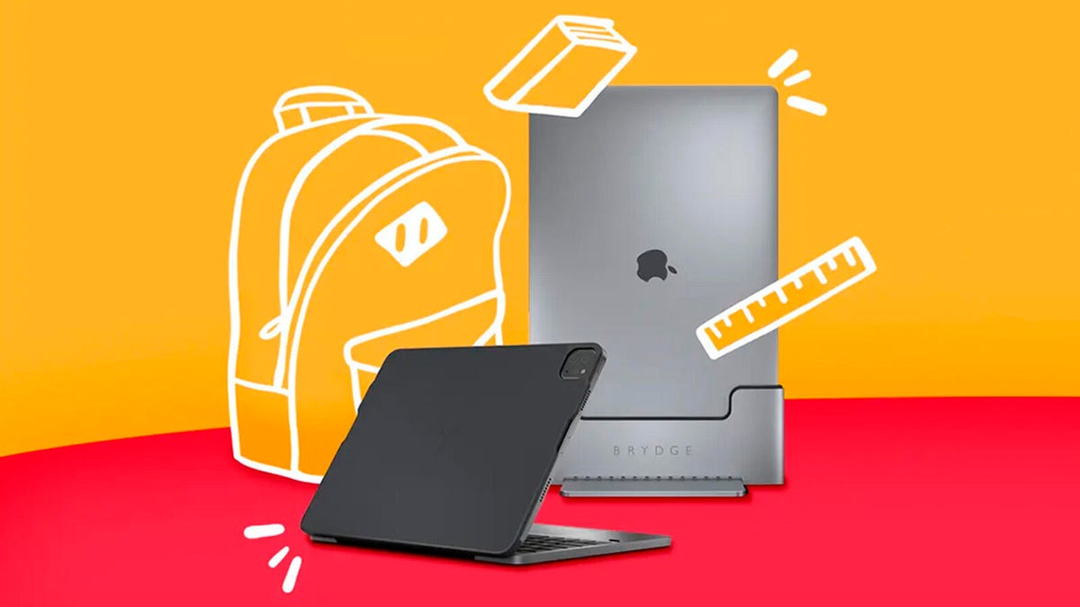 A Brydge MacBook Vertical Dock and Brydge Max for iPad Pro are flanked by drawn sketches of a backpack, ruler and book for the back to school sale.