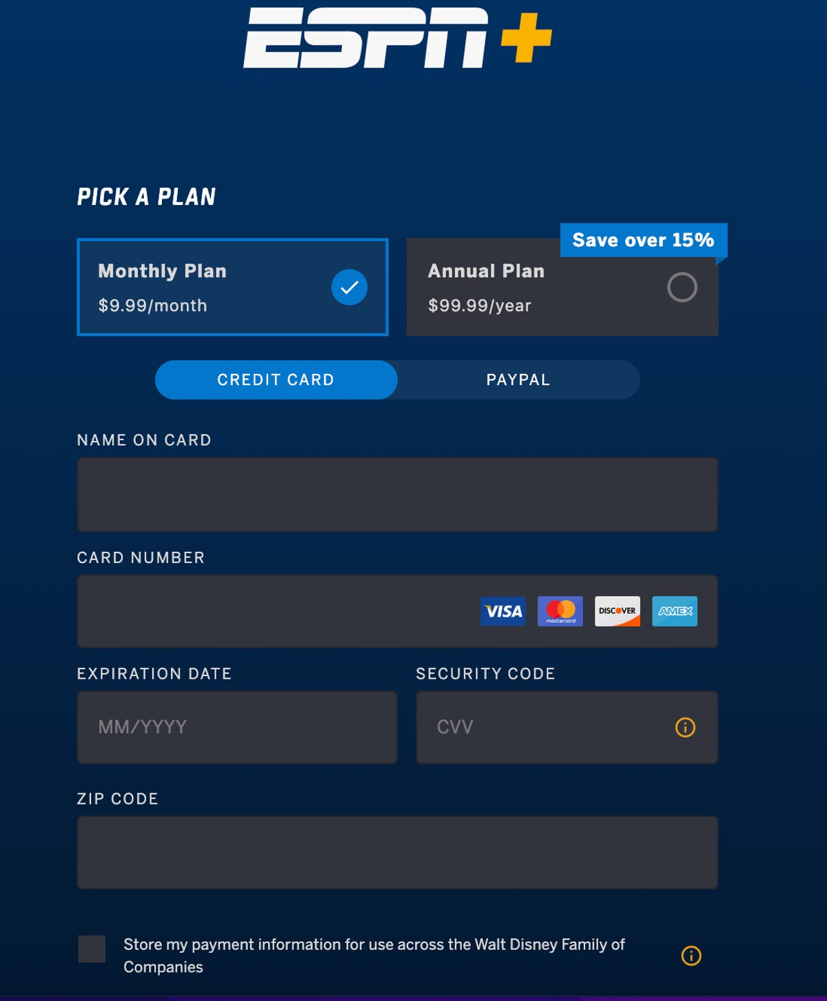 ESPN Plus page where you pick your plan and enter your credit card information.