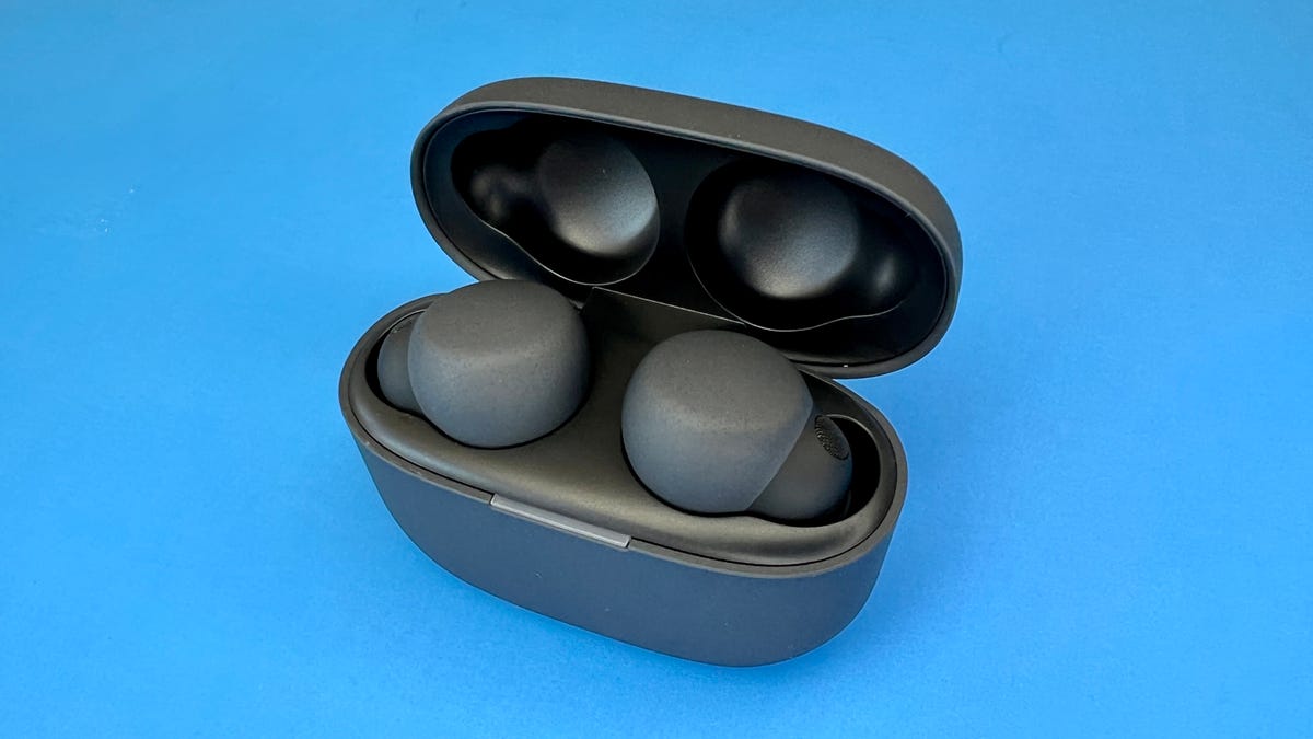 The black Sony LinkBuds S earbuds in their charging case
