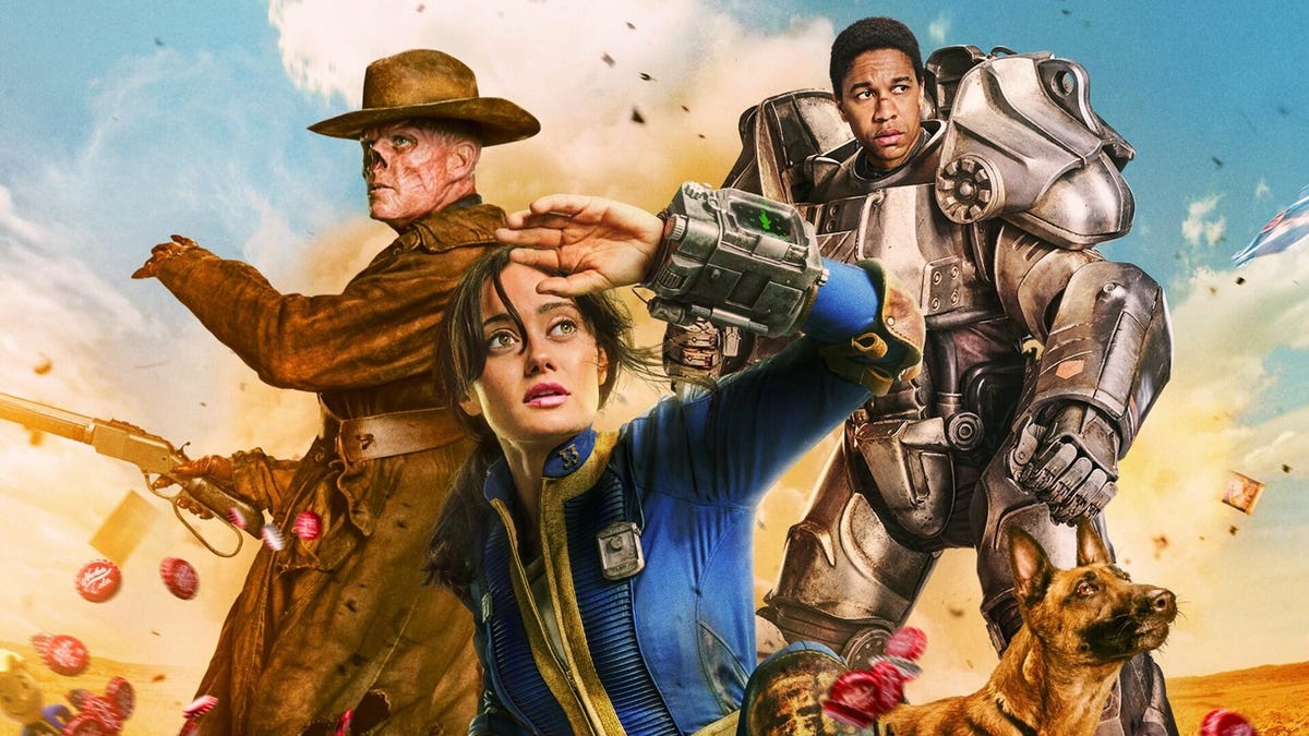 characters from fallout tv series stand outdoors with debris blasting