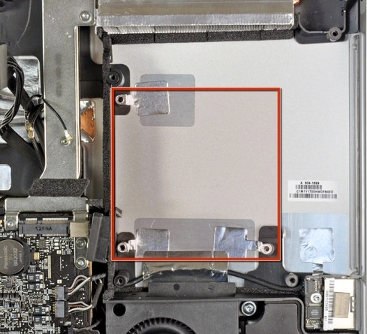 The area--which is under the Sony Optiarc optical drive--shaded in red is 'presumably' where the optional SSD is housed, according to iFixit.