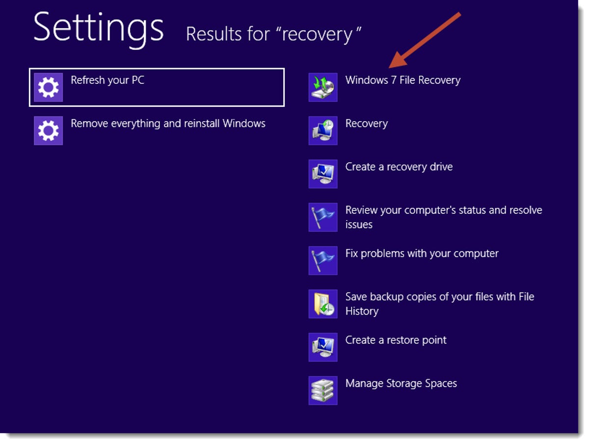 Search for recovery in Windows 8 settings