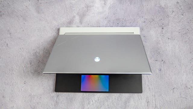 A top-down look at the lid and RGB-backlit touchpad on the 2023 Alienware x14 laptop.