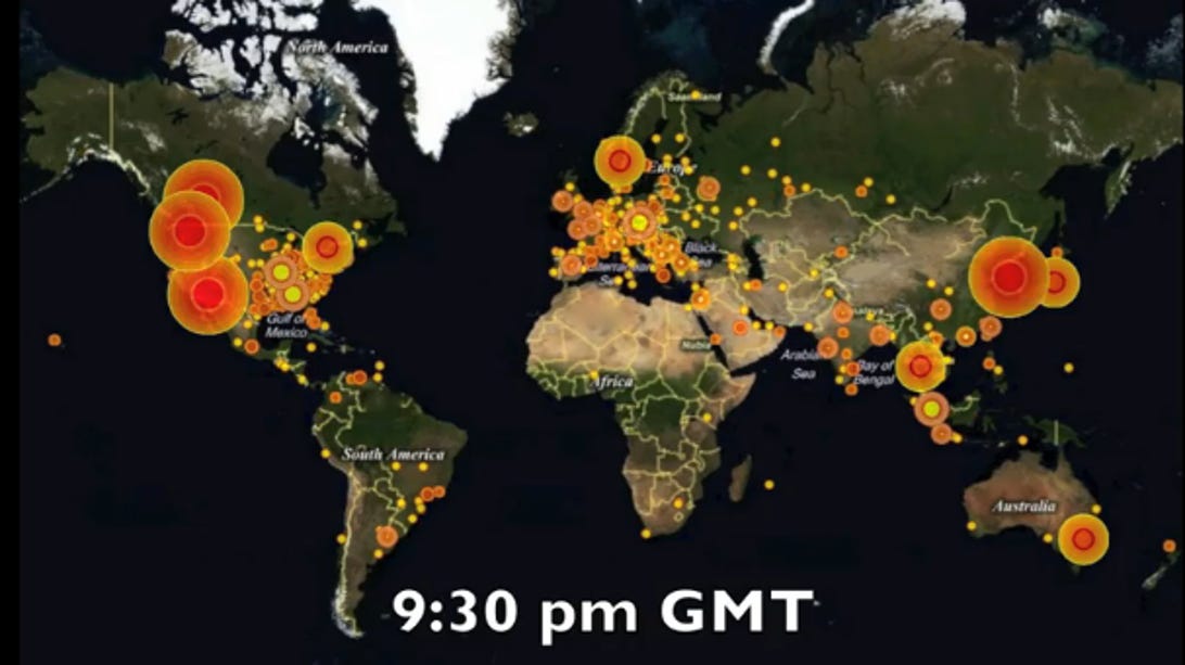 This screenshot was taken from a video that shows the concentration of Waledac infections geographically and changes over a 24-hour period.