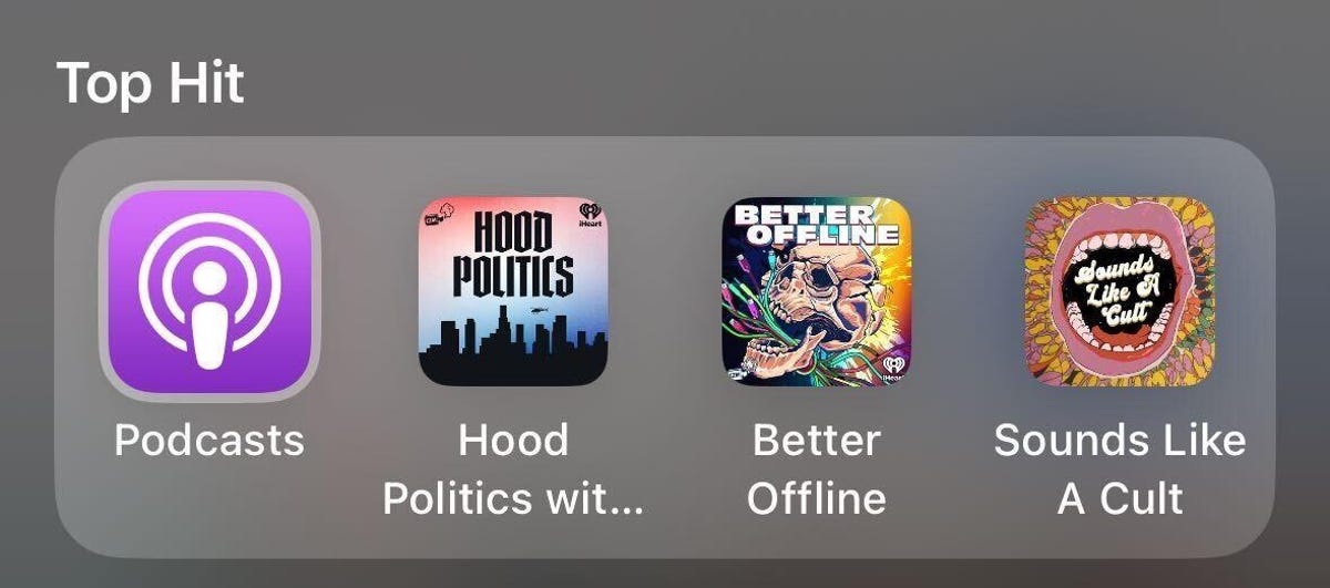 Searching for 'podcasts' in Spotlight Search shows you your three most recently played podcasts