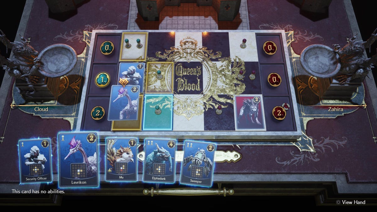A Queen's Blood board is shown: three lanes wide with five columns that players can place their cards in.