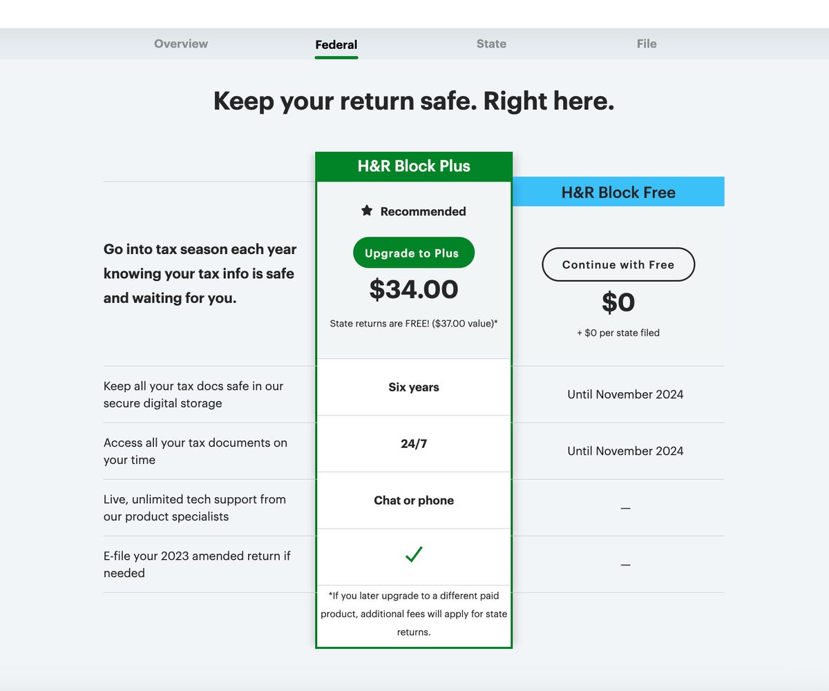 H&R Block offering upgrade for $34.00