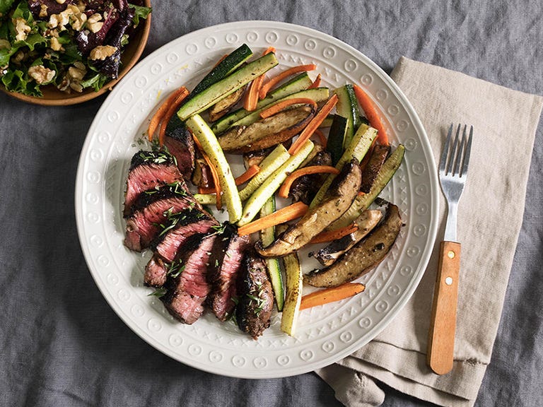 Meal from Green Chef: seared steak medallions on a bed of veggies