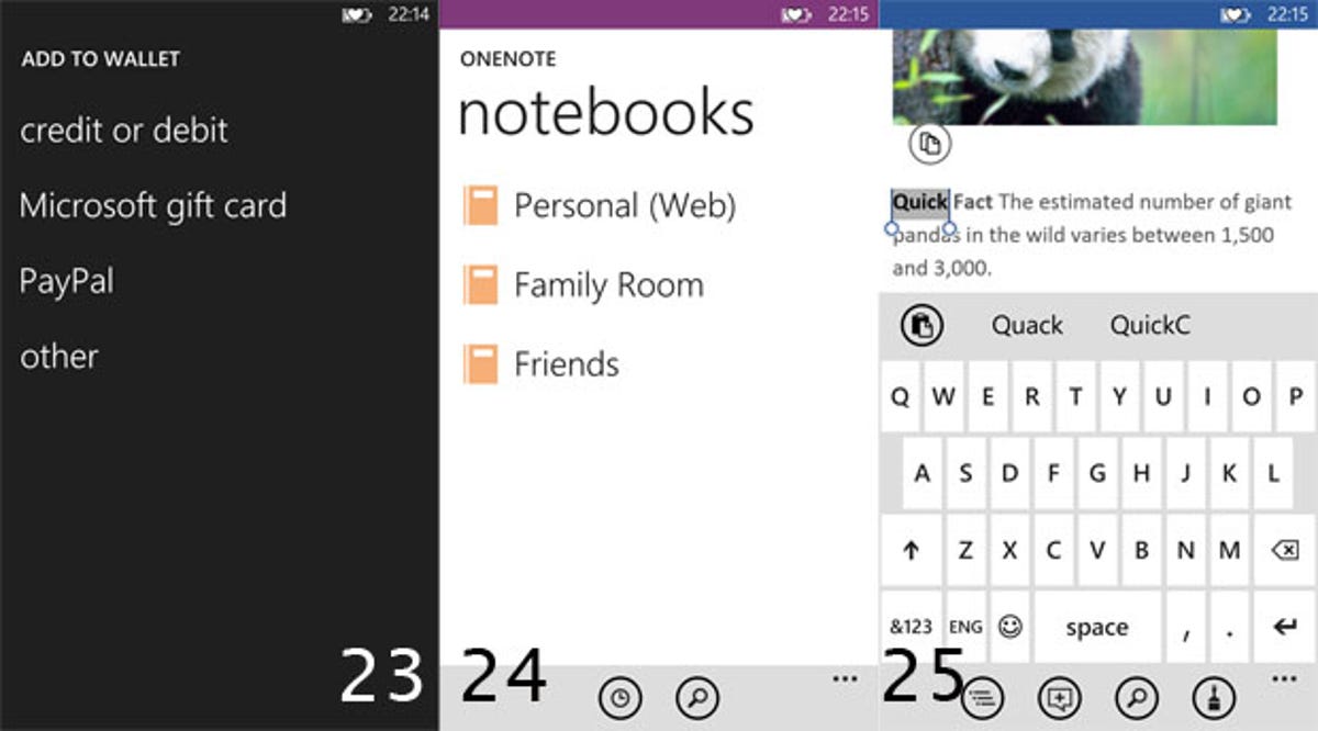 Paying with NFC on Windows Phone 8, taking notes, and managing documents.