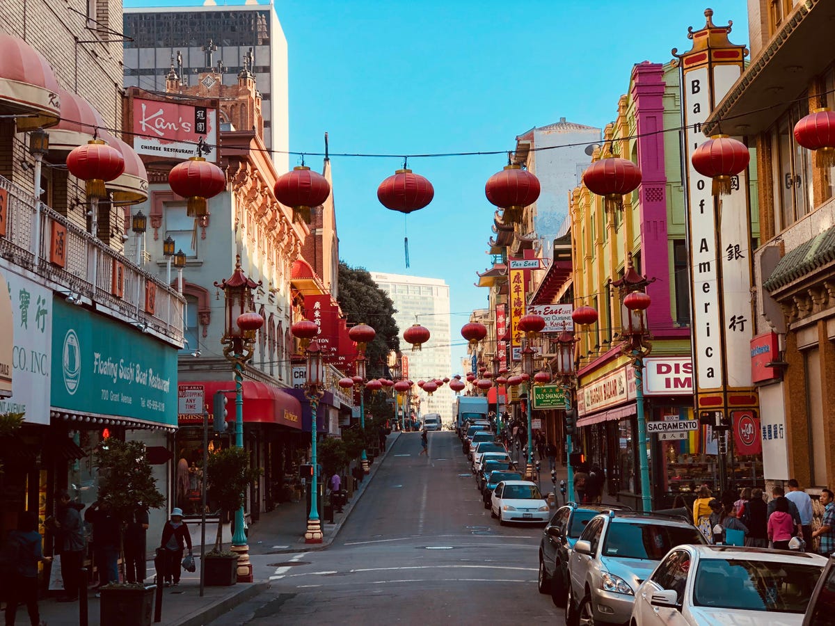 Looking down the colorful Grant Street corridor of San Francisco's Chinatown.