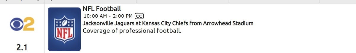 A TV program guide listing for the Jaguars vs. Chiefs game.