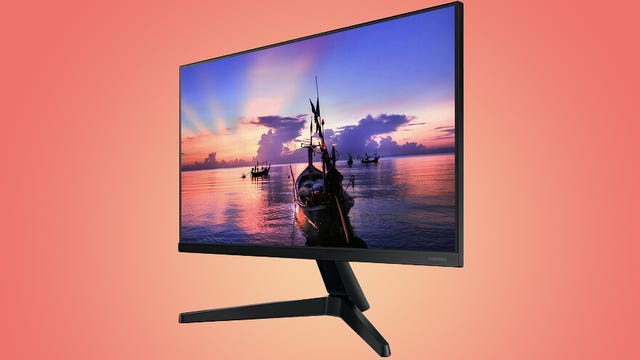 Samsung monitor displaying colorful pastel sunset and boat on water