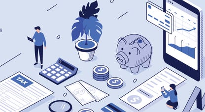 an illlustration of two people surrounded by tax forms, calculators, money and other financial items